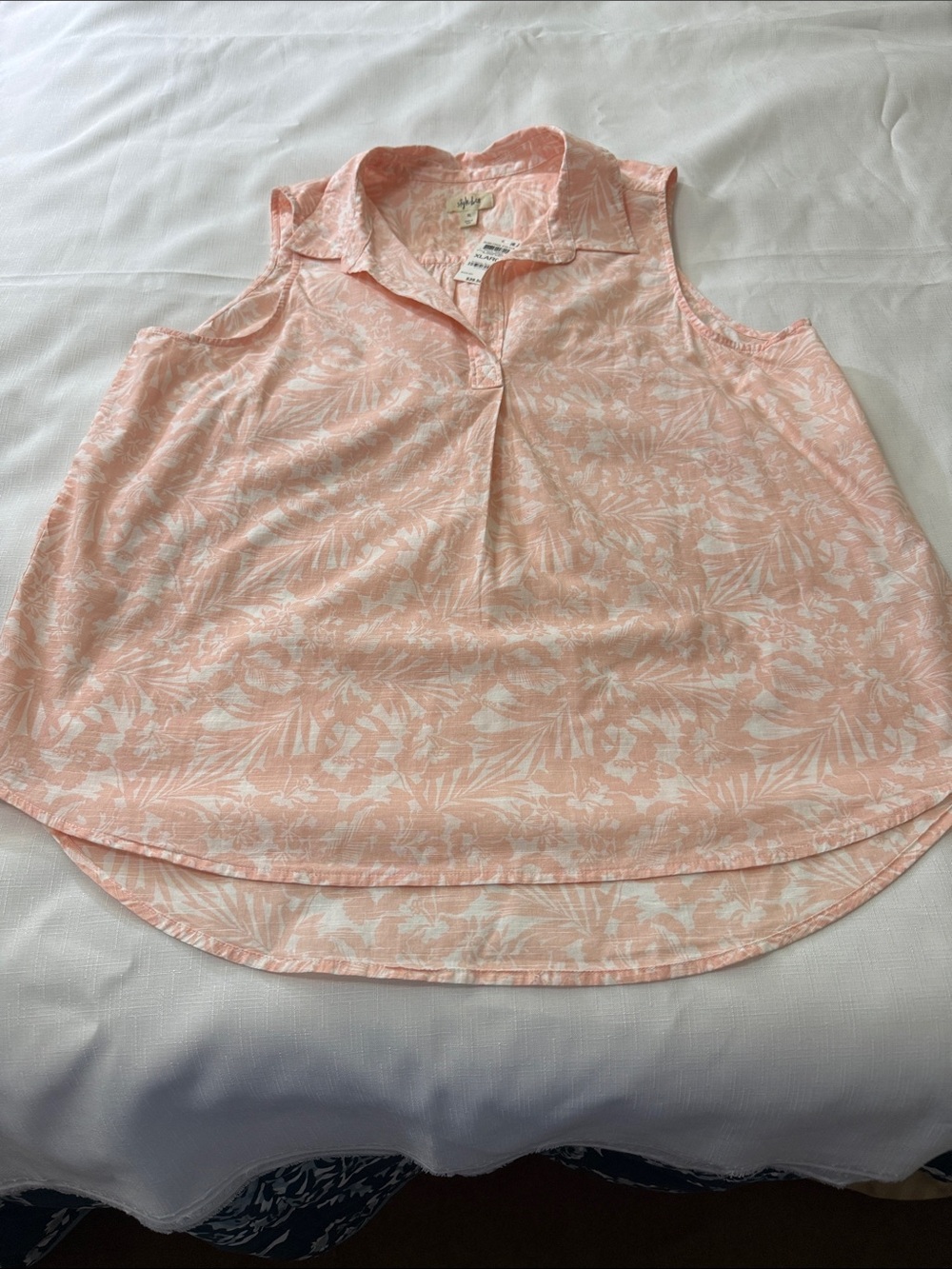 Style & Co. Sleeveless Cotton Blouse White & Peach Floral Top  Size XL